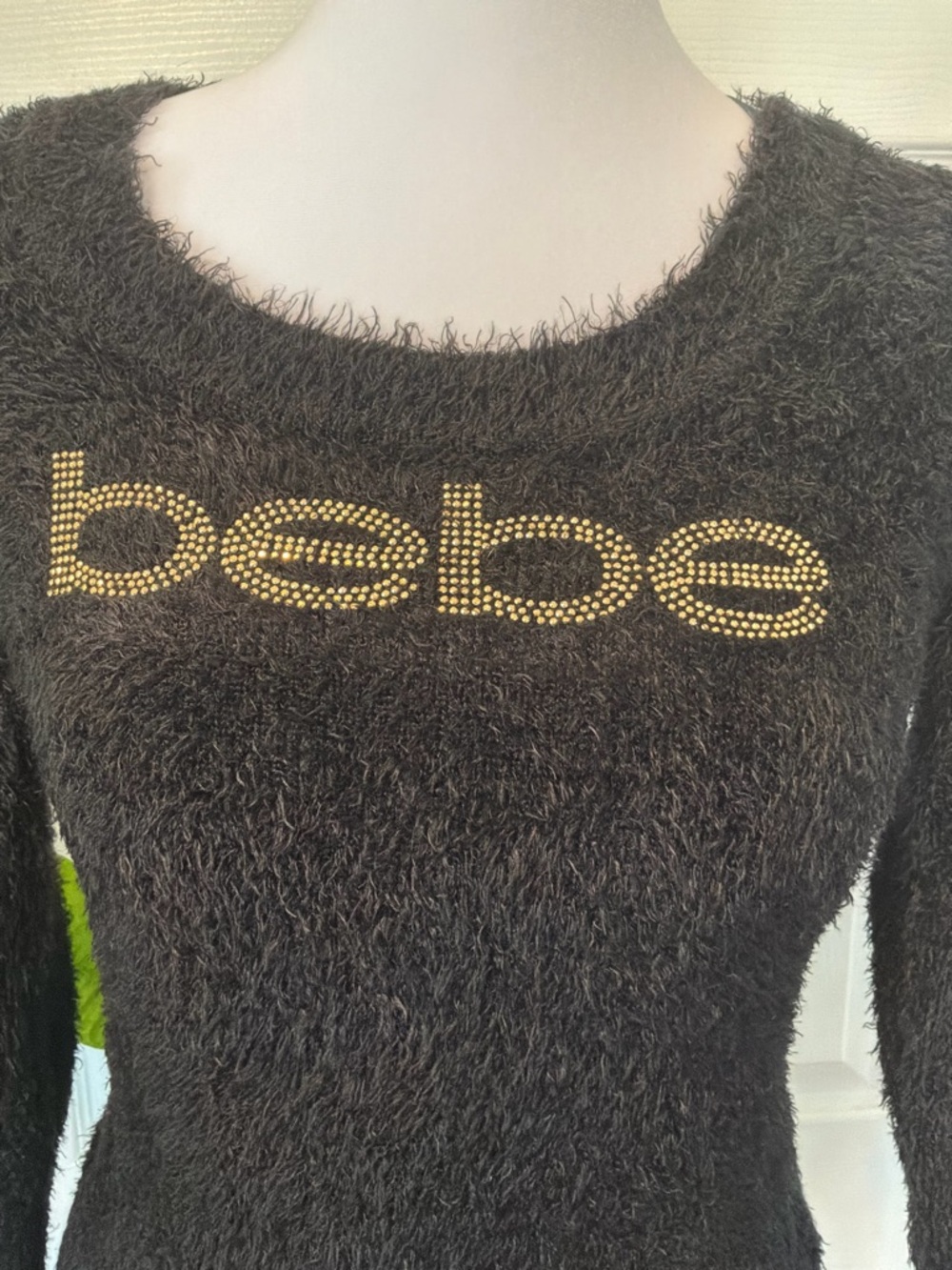 Bebe rhinestone Black and Gold Fuzzy Sweater